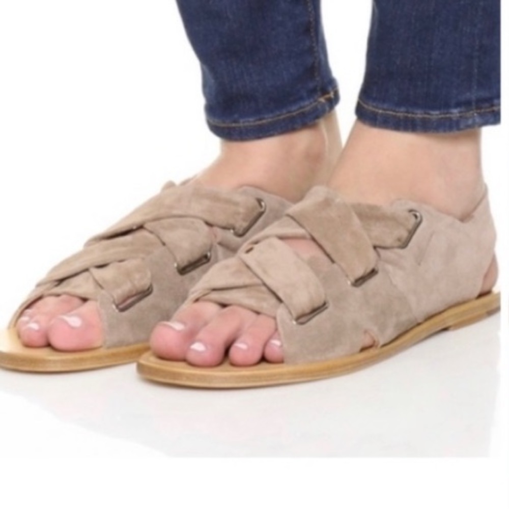 Rag & Bone Elda Corset Suede Lace-Up Flat Sandal, Tan, Made in Italy, size 7.5